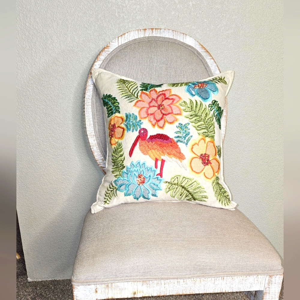 Floral Embroidered Feather Pillow with Bird Design 18" X 18"